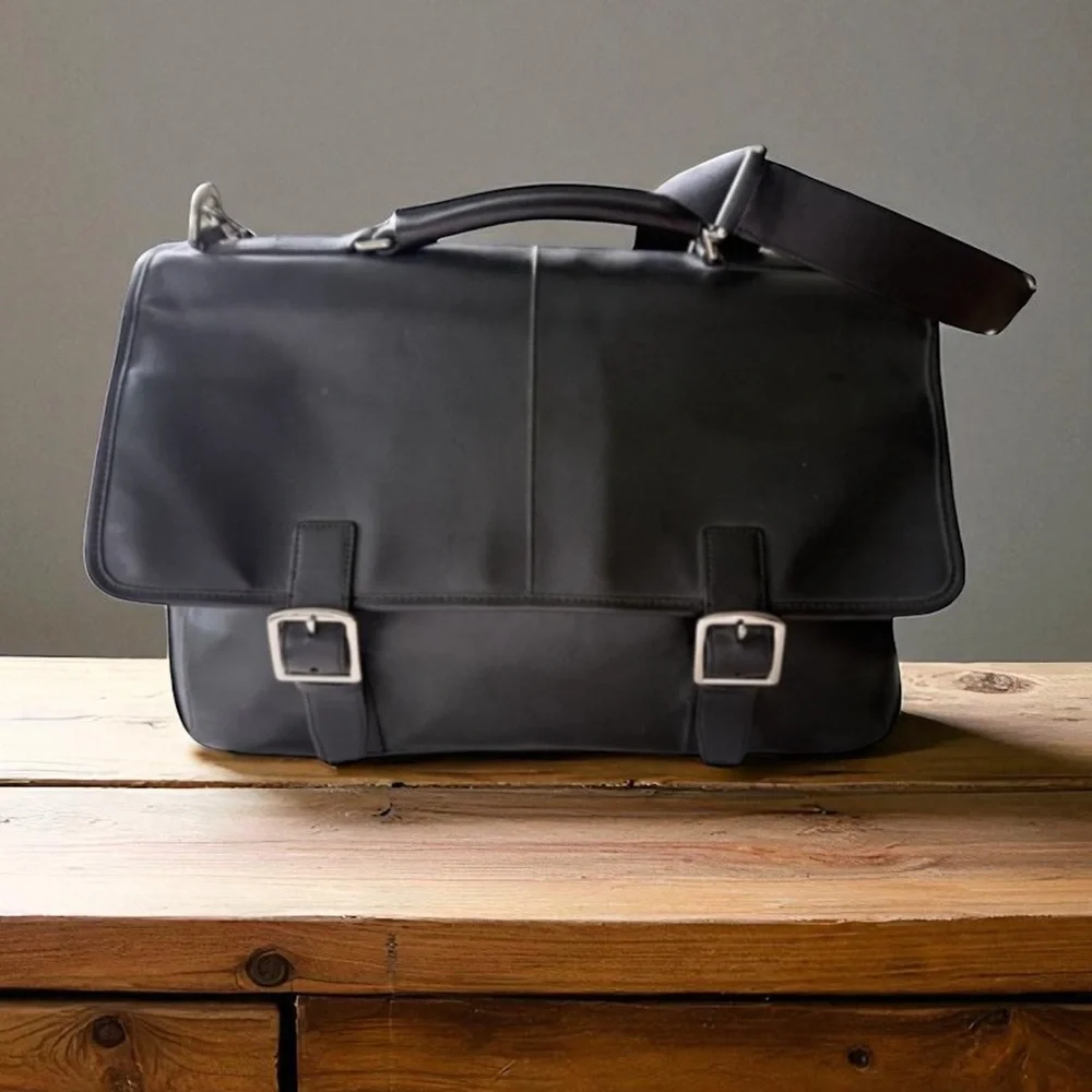 COACH F70666 Lexington Flap Top Black Leather Briefcase/laptop Bag Buckle Detail